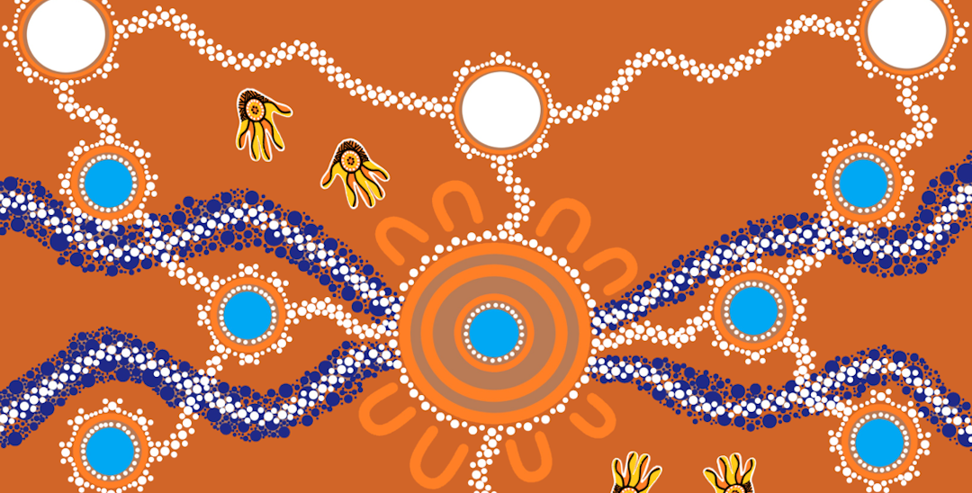 A painting by Ngunnawal artist Budda Connors depicting a meeting place with 3 vessels and the hand of Christ.