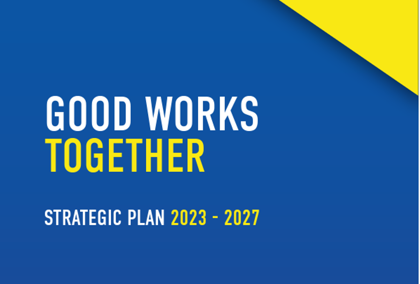 The cover of a publication with the words Good Works Together and Strategic Plan 2023 - 27 and the Vinnie's logo. In yellow and blue