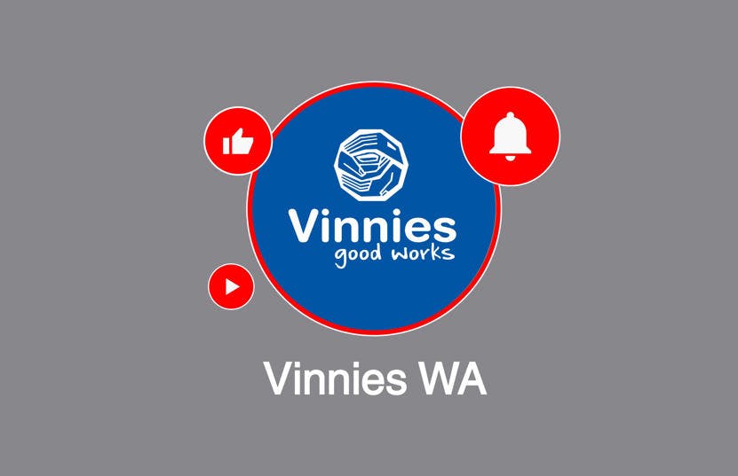 An image of the Vinnies YouTube logo. The logo has a blue round background with a red border while the text inside the logo is white.