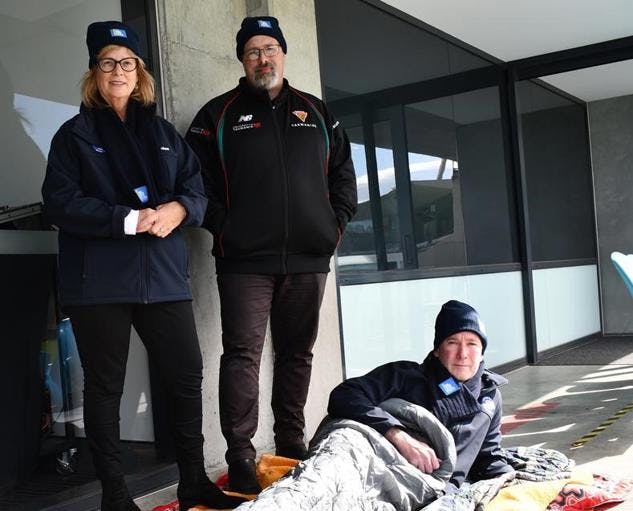 St Vincent de Paul Society (Tas) CEO, Heather Kent, General Manager of Blundstone Arena and CEO Sleepout Ambassador, Scott Woodham, and St Vincent de Paul Society (Tas) State President, Corey McGrath.