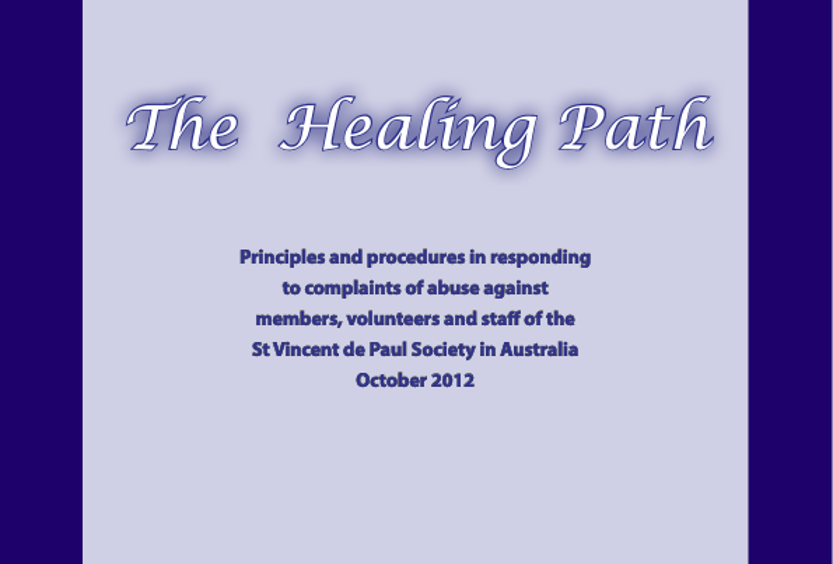 A poster with title The Healing Path and some wording in two shades of purple.