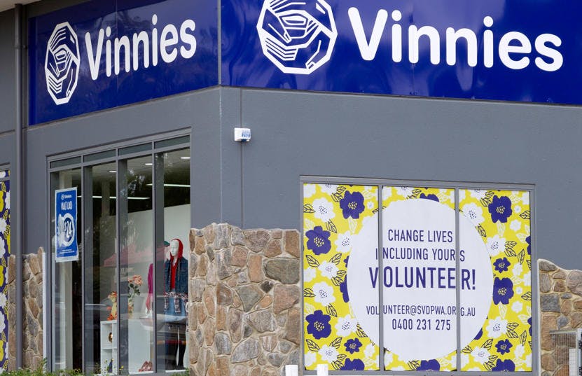 A photo of the outside of the Vinnies Kalamunda shop, staffed by friendly and helpful volunteers and staff who are there to help you find that special item to suit your requirements.