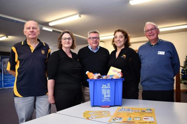 (L-R)Adrian Kok from the Rotary Club of Launceston, Llani Gray from TasTAFE, Eric Welsh, from the St Vincent de Paul Society (Tas), Despina Kontaratos from TasTAFE, and Bernard Dobson from West Tamar Lions Club 
