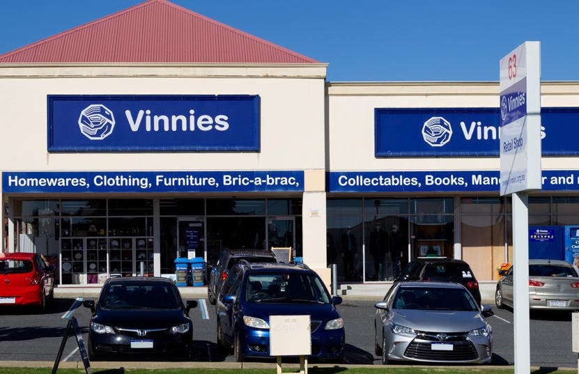 A photo of the outside of the Vinnies Mandurah shop, staffed by friendly and helpful volunteers and staff who are there to help you find that special item to suit your requirements.