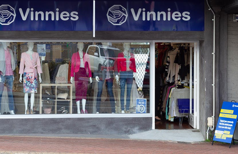 A photo of the outside of the Vinnies Mosman Park shop, staffed by friendly and helpful volunteers and staff who are there to help you find that special item to suit your requirements.