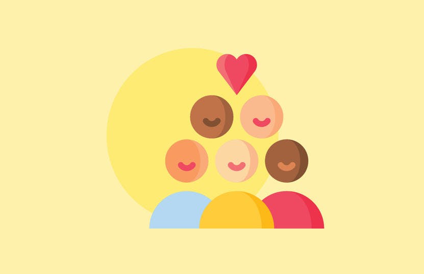 A graphic representing one of Vinnies WA's strategic initiatives; nurture and grow our membership. The background has a light yellow colour with a circle in a darker tone. In front of the circle is a graphic of 5 people of different ethnicity shaped as a triangle with a heart at its top.
