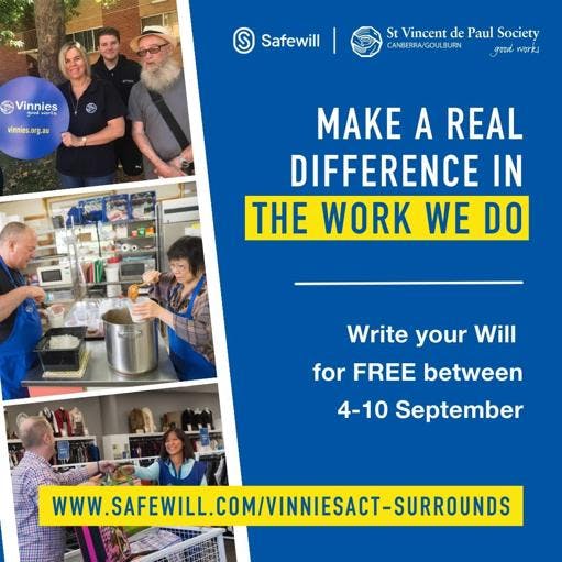 Safewill Social tile with "Make a real difference in the work we do. Write your Will for FREE between 4-10 September"