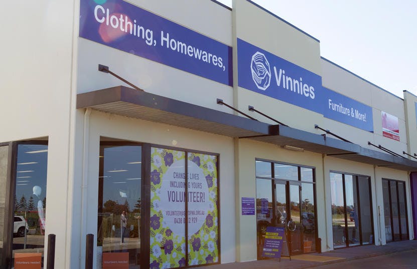 A photo of the outside of the Vinnies Port Kennedy shop, staffed by friendly and helpful volunteers and staff who are there to help you find that special item to suit your requirements.