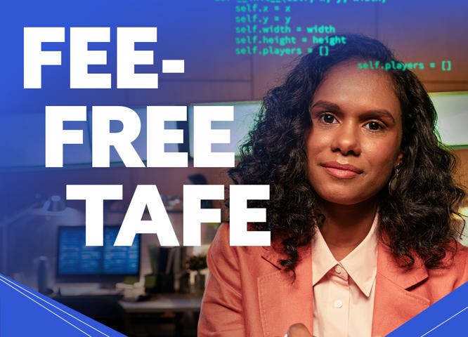 A photo of a smiling girl with long dark curly hair in a blue background with the works Fee-Free TAFE and Skill Up. Change Up TAFE yourcareer.gov.au