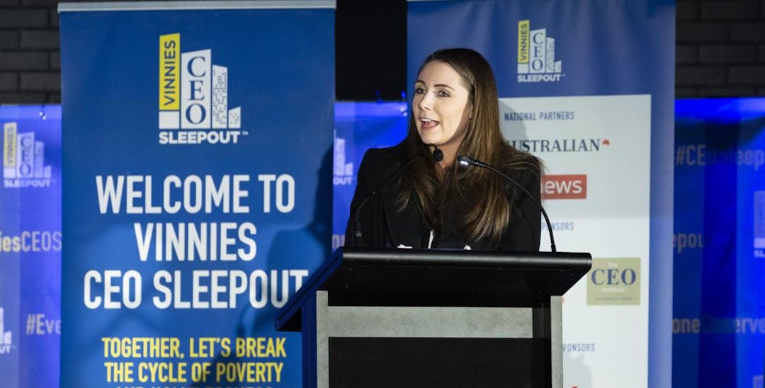 Housing Minister Meaghan Scanlon speaking at CEO Sleepout