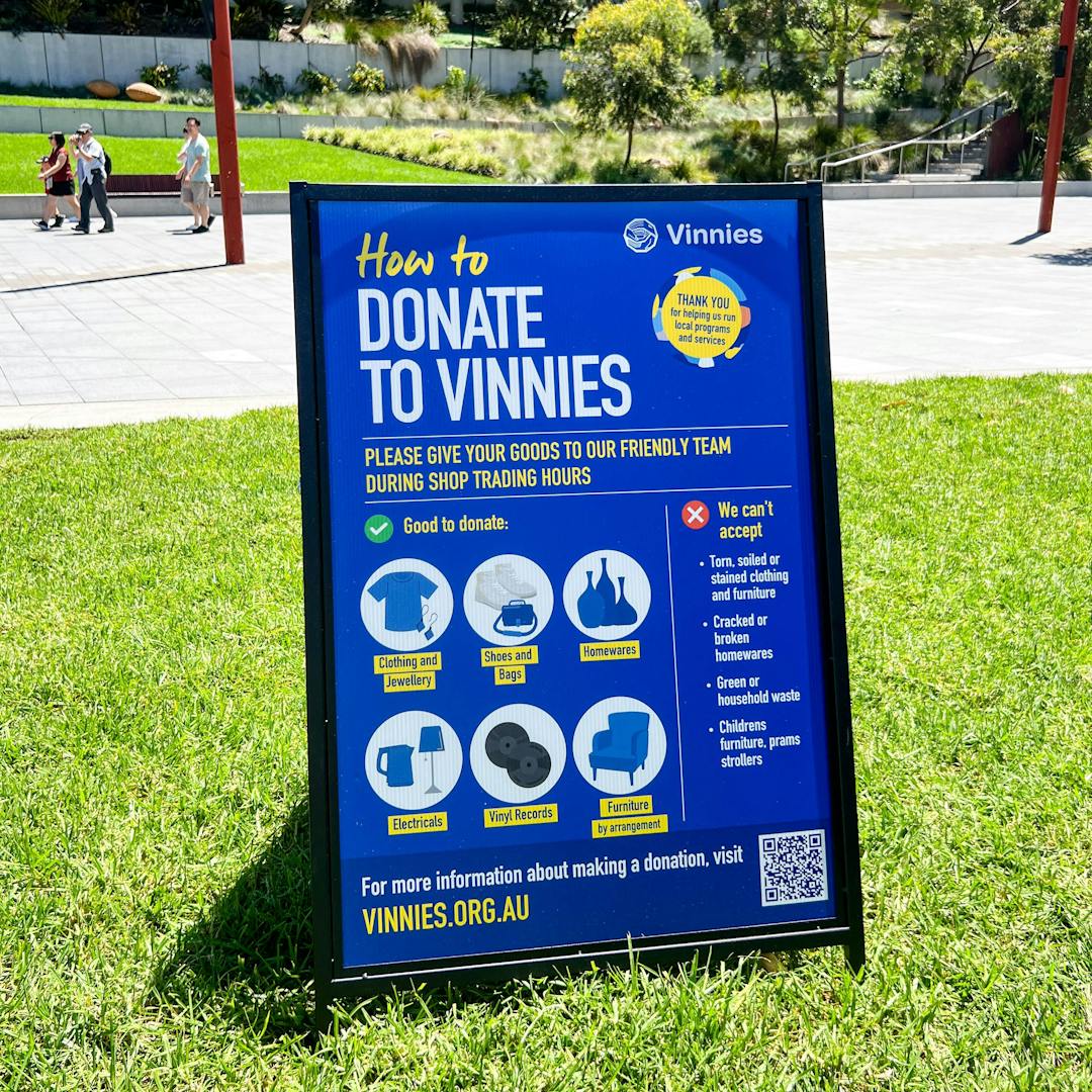 How to donate to Vinnies signage at House of Fast Fashun