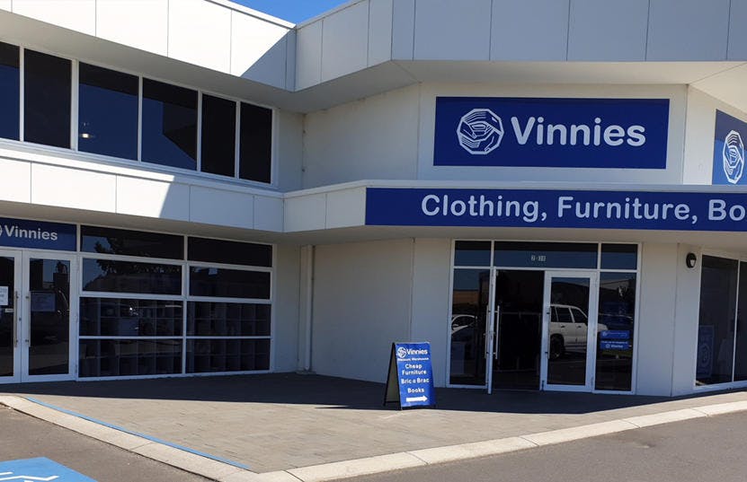 A photo of the outside of the Vinnies Bunbury shop, staffed by friendly and helpful volunteers and staff who are there to help you find that special item to suit your requirements.