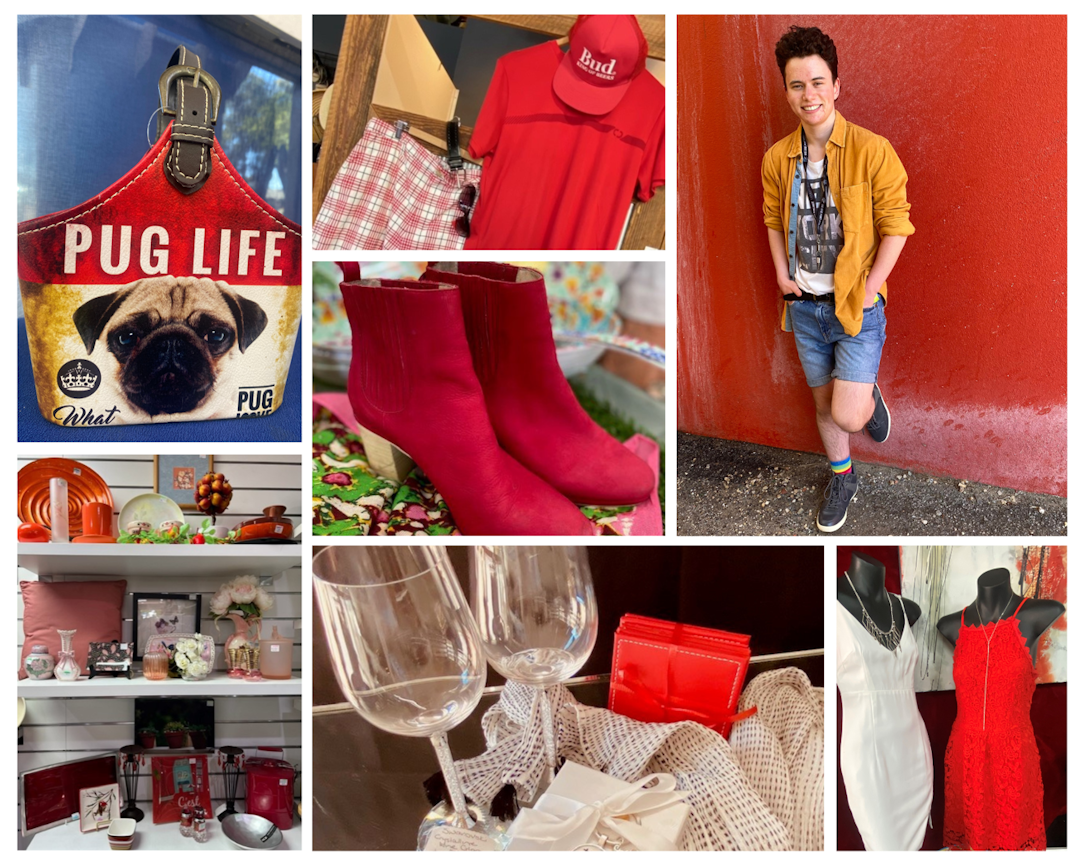 Collage of items found in Vinnies SA shops. Clothing, shoes, shorts, hat, dresses, handbag, all with a splash of red.