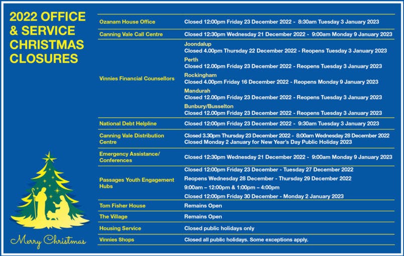 An image displaying the office and service Christmas closures