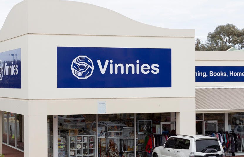 A photo of the outside of the Vinnies Joondalup shop, staffed by friendly and helpful volunteers and staff who are there to help you find that special item to suit your requirements.