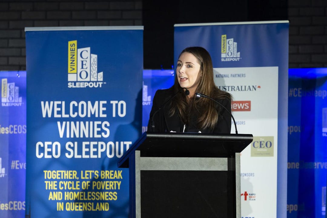 Minister for Housing Meaghan Scanlon breaks the announcement to the audience at the 2023 Vinnies CEO Sleepout