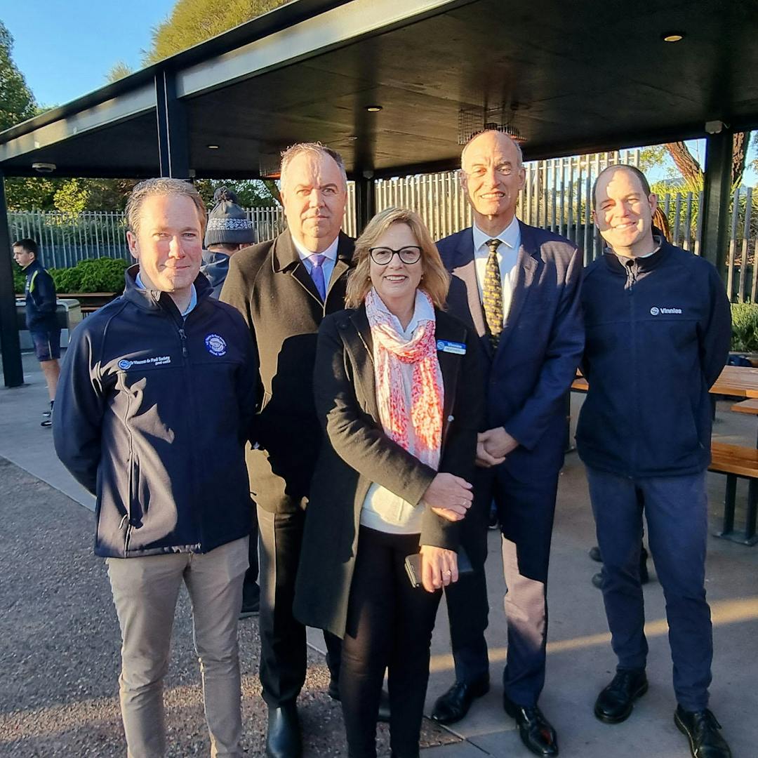 Corey McGrath – Vinnies State President ,Minister Nic Street , Heather Kent – Vinnies CEO , Minister Guy Barnett , Simon Terhell- Vinnies Youth and Community Services Manager – South