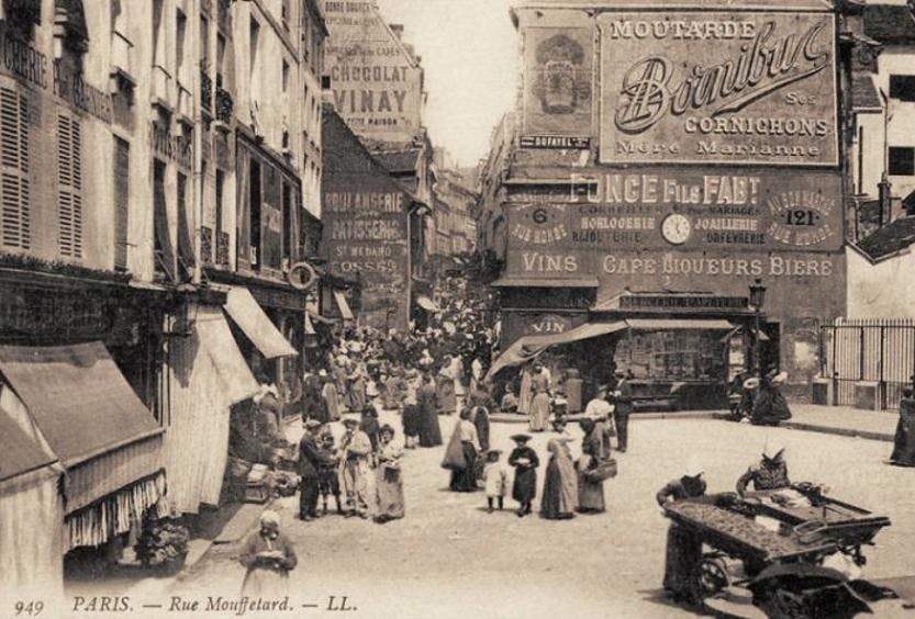 An old sepia photo of France - Rue Mauffelard.