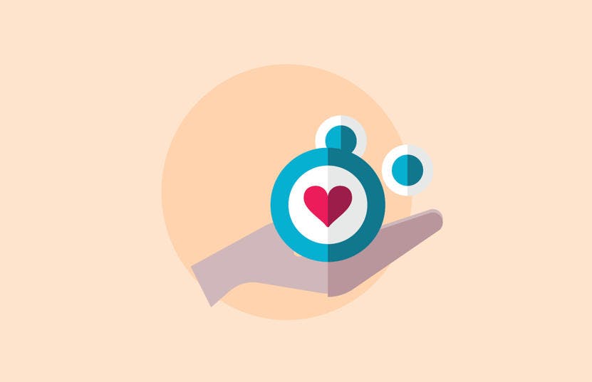 A graphic representing one of Vinnies WA's strategic initiatives; optimise the performance and wellbeing of our people. The background has a beige colour with a circle in a darker tone. In front of the circle is a graphic of a hand with the palm facing up holding a white circle with a blue border. Inside the circle is a heart.