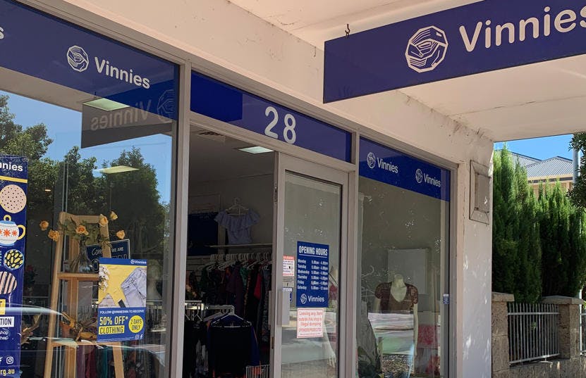 A photo of the outside of the Vinnies Claremont shop, staffed by friendly and helpful volunteers and staff who are there to help you find that special item to suit your requirements.