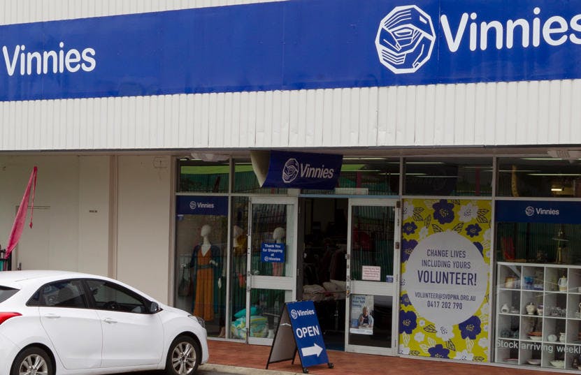 A photo of the outside of the Vinnies Girrawheen shop, staffed by friendly and helpful volunteers and staff who are there to help you find that special item to suit your requirements.