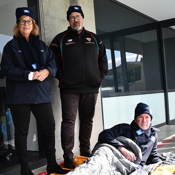 L-R St Vincent de Paul Society (Tas) CEO, Heather Kent General Manager of Blundstone Arena and CEO Sleepout Ambassador, Scott Woodham, and St Vincent de Paul Society (Tas) State President, Corey McGrath.