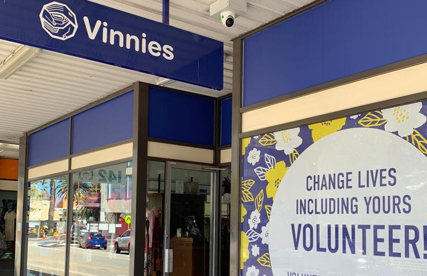 A photo of the outside of the Vinnies Fremantle shop, staffed by friendly and helpful volunteers and staff who are there to help you find that special item to suit your requirements.