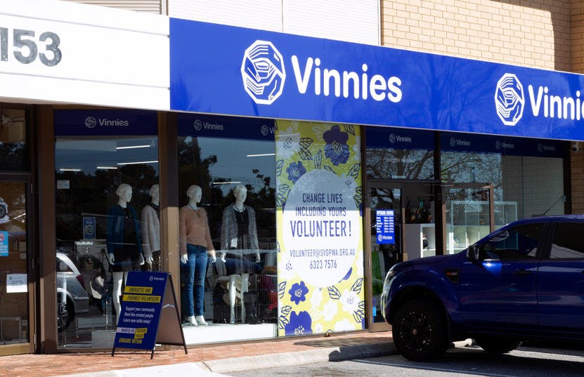 A photo of the outside of the Vinnies Willetton shop, staffed by friendly and helpful volunteers and staff who are there to help you find that special item to suit your requirements.