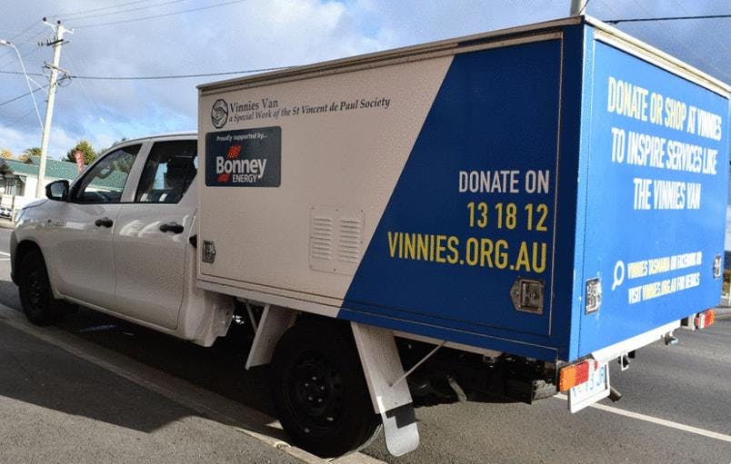 Bonney Energy Tasmania supports St Vincent De Paul Society's Vinnies Vans with generous donation. 