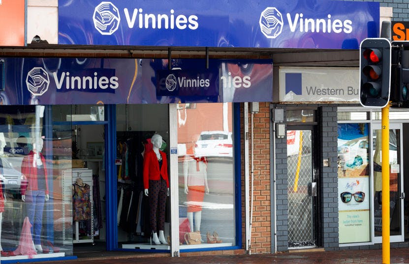 A photo of the outside of the Vinnies Victoria Park shop, staffed by friendly and helpful volunteers and staff who are there to help you find that special item to suit your requirements.