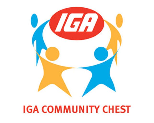 A logo with blue and yellow figures holding hands around a red oval logo with IGA in it. It also has the words IGA Community Chest.