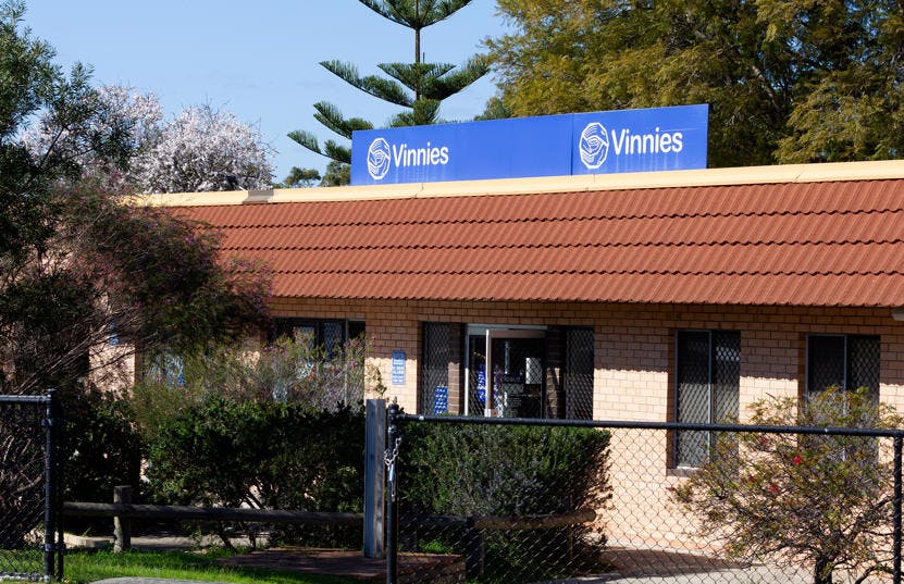 A photo of the outside of the Vinnies Kwinana shop, staffed by friendly and helpful volunteers and staff who are there to help you find that special item to suit your requirements.