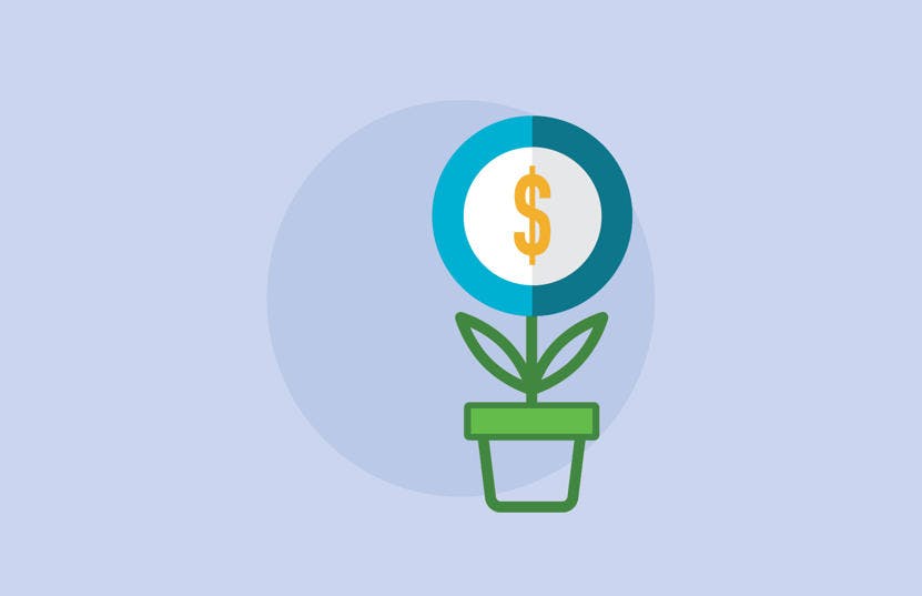 A graphic representing one of Vinnies WA's strategic initiatives; strengthen our sustainability. The background has a grey-blue colour with a circle in a darker tone. In front of the circle is a graphic of a flower pot with a white circle with a blue border at its top. Inside the circle is a dollar sign.