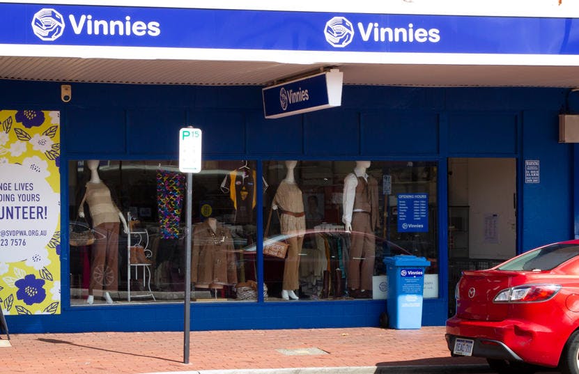 A photo of the outside of the Vinnies Bassendean shop, staffed by friendly and helpful volunteers and staff who are there to help you find that special item to suit your requirements.