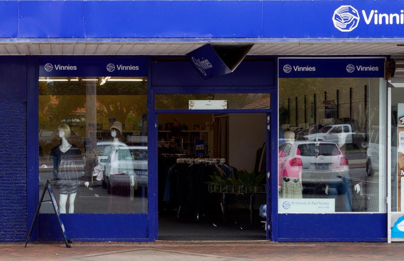 A photo of the outside of the Vinnies Nollamara shop, staffed by friendly and helpful volunteers and staff who are there to help you find that special item to suit your requirements.