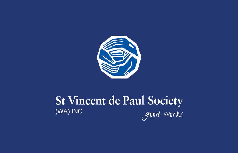 An image with a dark blue background with the St Vincent de Paul Society logo of holding hands at the centre top. Underneath the logo is the text "St Vincent de Paul Society (WA) INC good works" in white.