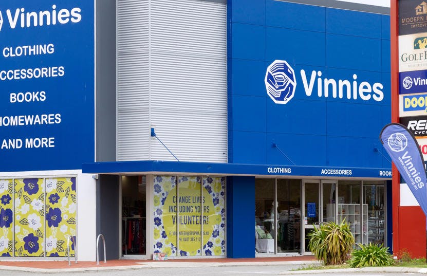 A photo of the outside of the Vinnies Stirling shop, staffed by friendly and helpful volunteers and staff who are there to help you find that special item to suit your requirements.