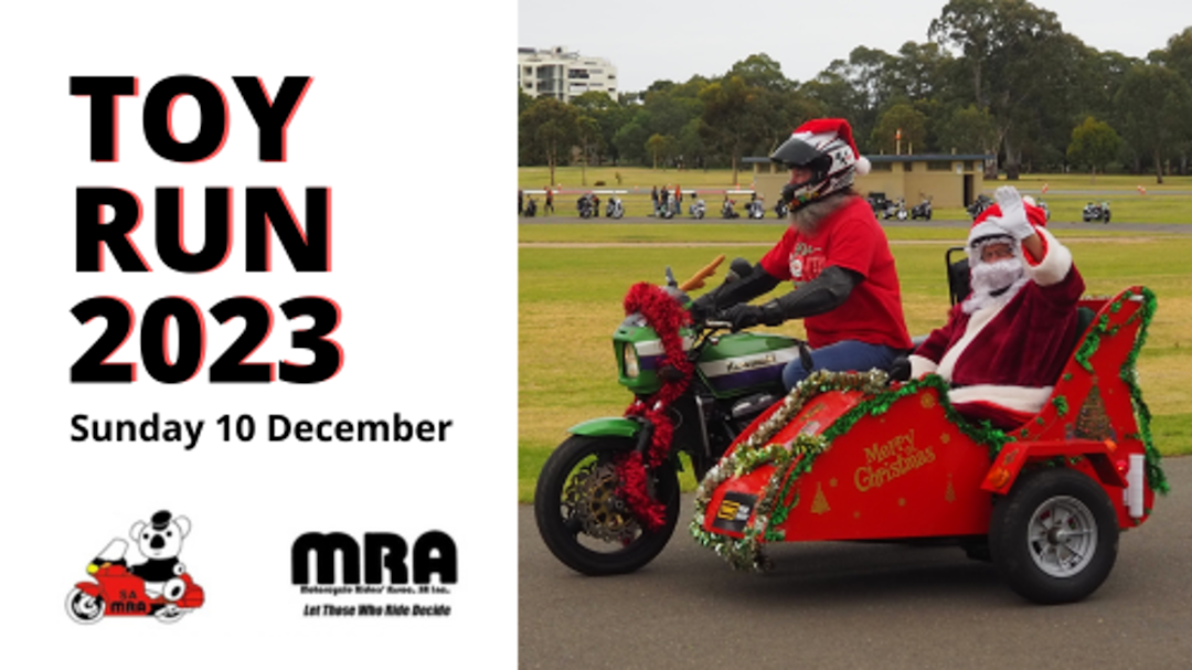 Text that says Toy Run 2023 and image of Father Christmas riding in a motorbike sleigh