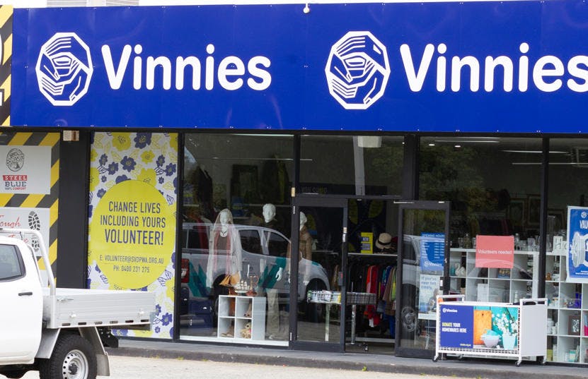 A photo of the outside of the Vinnies Wangara shop, staffed by friendly and helpful volunteers and staff who are there to help you find that special item to suit your requirements.