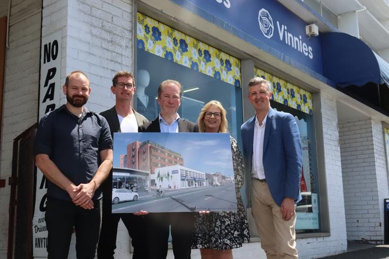(From left) Dan Devine and Hugh Maguire from Maguire Devine Architects joined Vinnies State President Corey McGrath, Vinnies CEO Heather Kent and Amelie Housing CEO Graham West