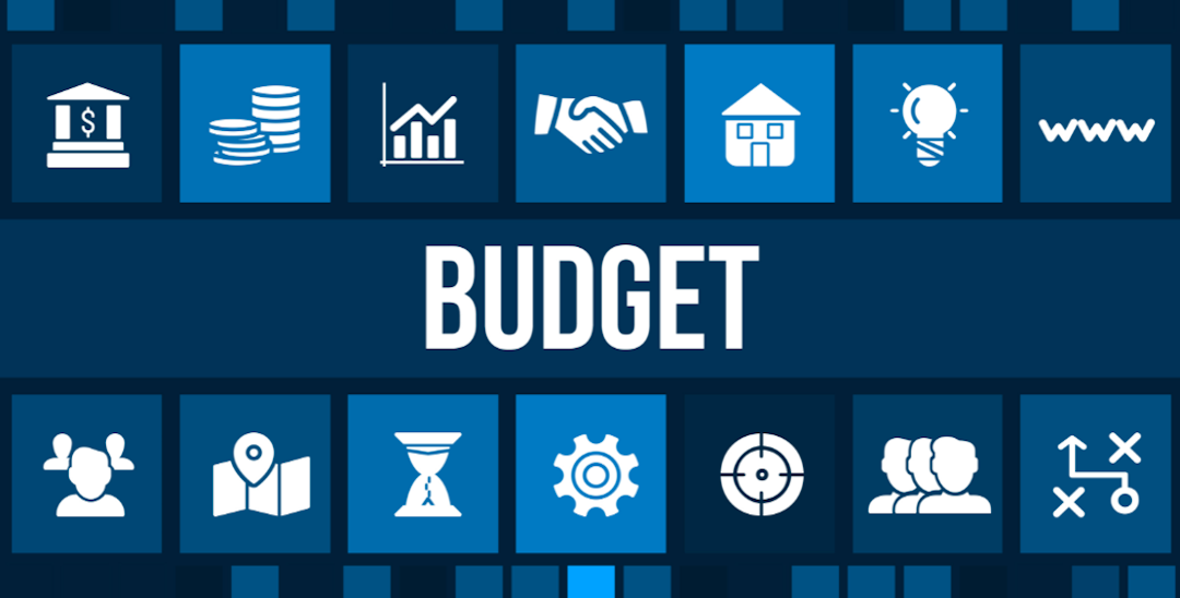 An image made up of different shades of blue blocks with icons in them the word BUDGET in the centre row.