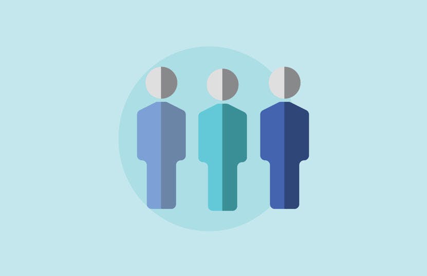 A graphic representing one of Vinnies WA's strategic initiatives; extend the impact of our advocacy and influence. The background has a light blue colour with a circle in a darker tone. In front of the circle is a graphic of three people with different coloured blue suits. 