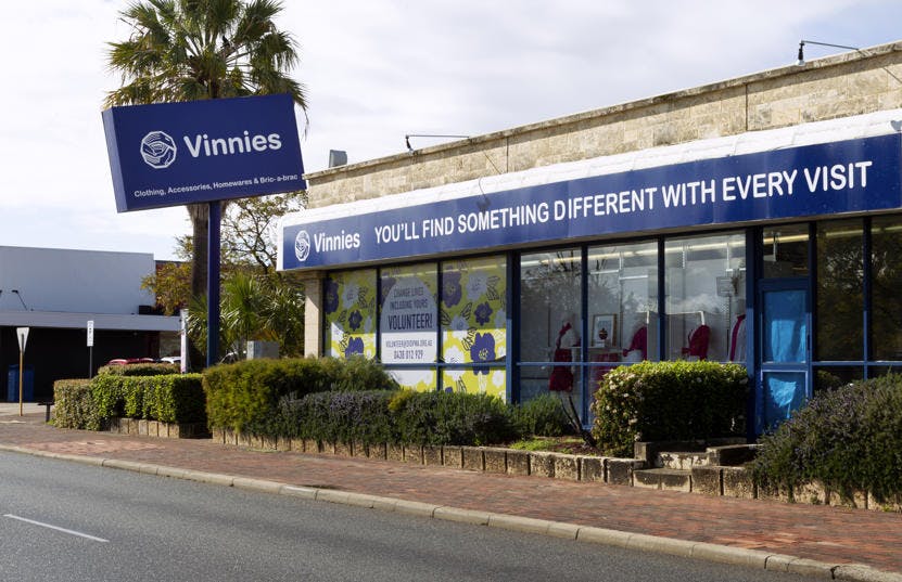 A photo of the outside of the Vinnies Applecross shop, staffed by friendly and helpful volunteers and staff who are there to help you find that special item to suit your requirements.