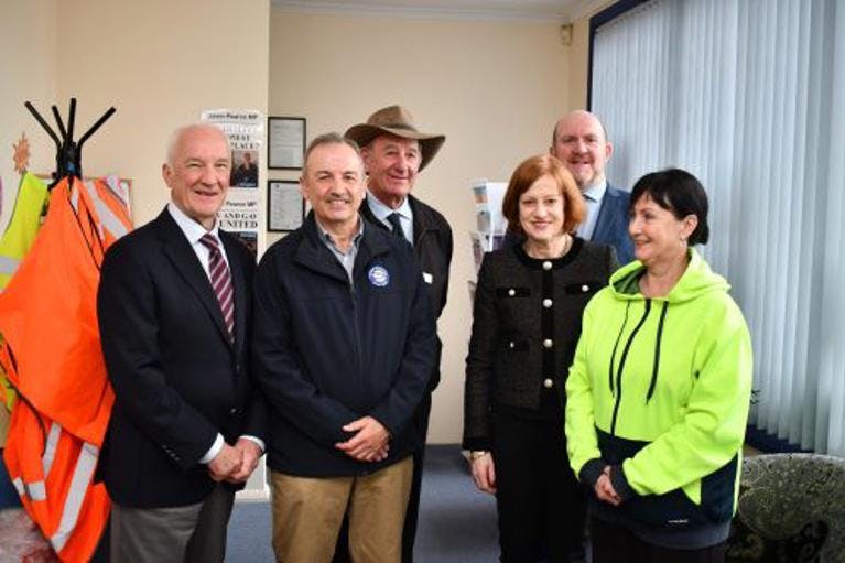 (L-R):Emeritus Professor Don Chalmers AO. National Council Member and State President, St Vincent de Paul Society (Tas), Mark Gaetani. Waratah-Wynyard Council Mayor, Councillor Robert ‘Robby’ Walsh. Governor of Tasmania, Her Excellency the Honourable Barbara Baker AC. Waratah-Wynyard Council General Manager, Shane Crawford. Vincent Industries Executive Manager, Nellie McKenna.