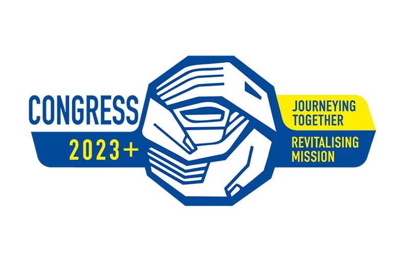 Congress 2023+ logo is three hands cupped with blue and yellow colouring
