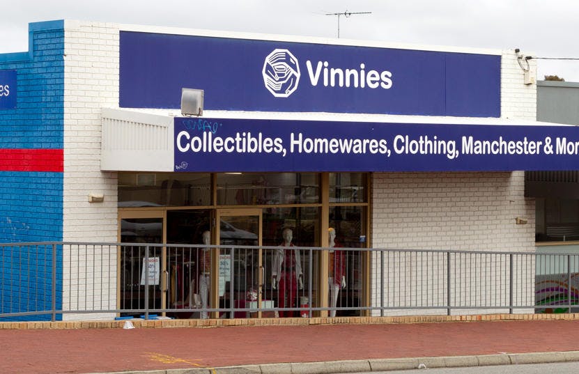 A photo of the outside of the Vinnies Armadale shop, staffed by friendly and helpful volunteers and staff who are there to help you find that special item to suit your requirements.