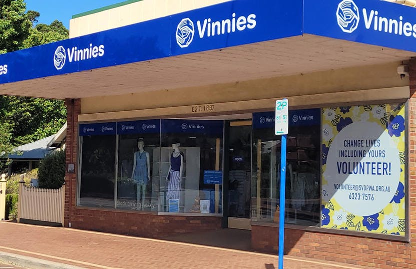 A photo of the outside of the Vinnies Pinjarra shop, staffed by friendly and helpful volunteers and staff who are there to help you find that special item to suit your requirements.