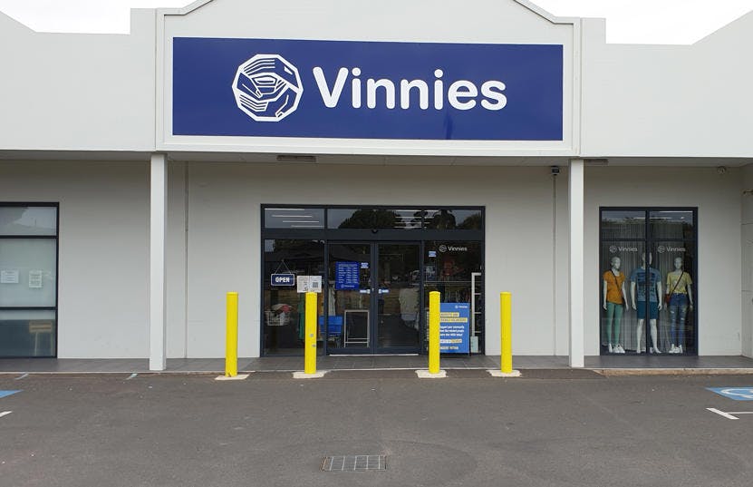 A photo of the outside of the Vinnies Busselton shop, staffed by friendly and helpful volunteers and staff who are there to help you find that special item to suit your requirements.