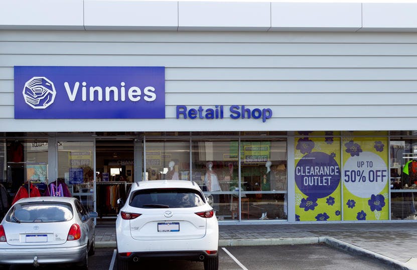 A photo of the outside of the Vinnies Canning Vale shop, staffed by friendly and helpful volunteers and staff who are there to help you find that special item to suit your requirements.